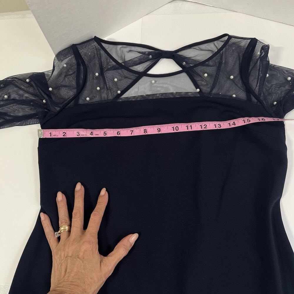 Karl Lagerfeld Cocktail Dress Ilussion Neckline Pearl Embellished Size 8 Blue - Picture 11 of 15